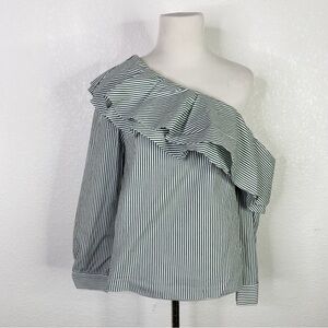 Club Monaco Green & White Striped Ruffle One Shoulder Blouse
